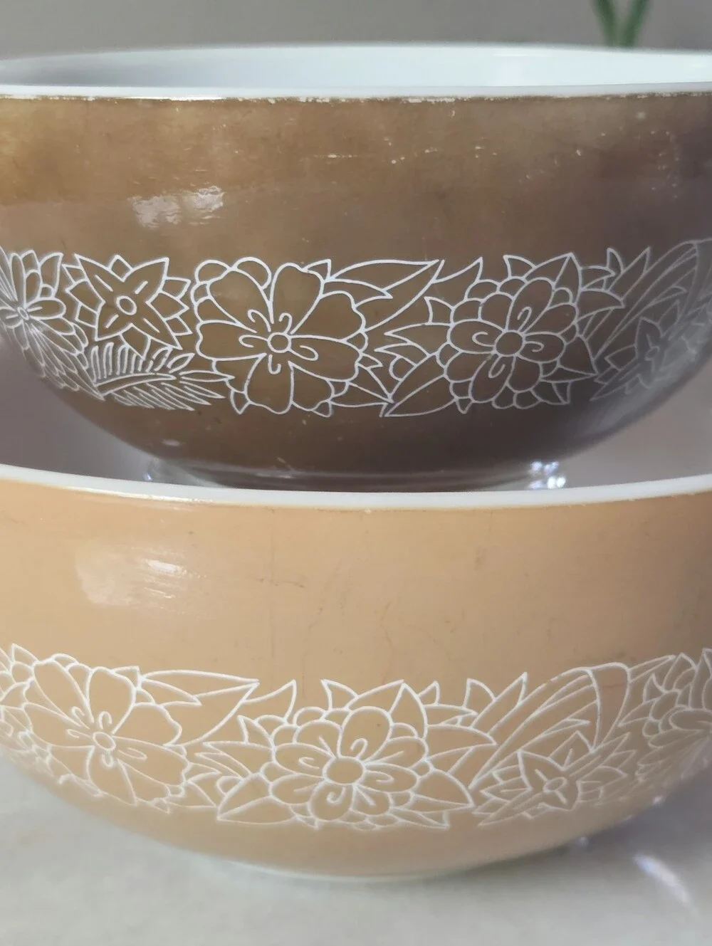 Vintage PYREX Woodland Tan Brown Cinderella Nesting Mixing Bowl Set #442 #443